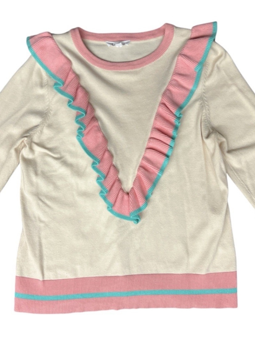 THML Anthropology Women’s S Ivory Sweater With Pink/Teal Ruffle Accents Retro